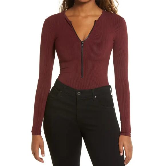 New ~ NAKED WARDROBE ~ Snatched Zip Front Long Sleeve Ribbed Bodysuit Sz M - Picture 1 of 6